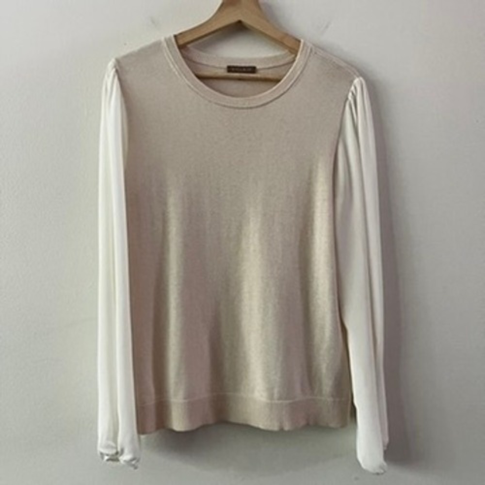 Lilla P Crew Neck Sweater with Sheer Sleeves Cotton Blend Cream size medium